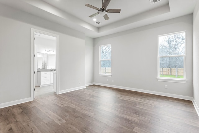 unfurnished room with a healthy amount of sunlight, a raised ceiling, and wood-type flooring