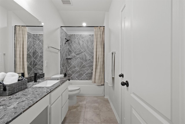 full bathroom with toilet, tile patterned flooring, shower / bath combo with shower curtain, and vanity