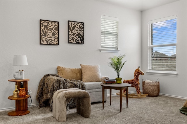 living area with carpet flooring