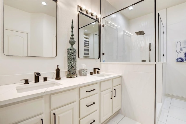 2210 Onion Creek Pkwy Unit 603, Austin, TX 78747 - full bath with tiled shower, double vanity, tile patterned floors, and recessed lighting