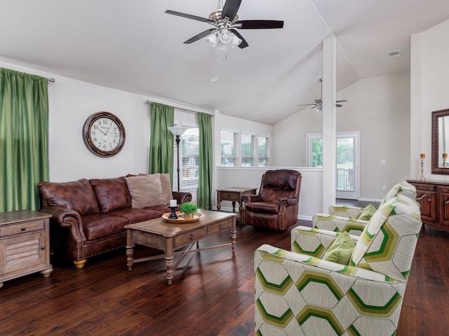 living room with ceiling fan, dark wood-type flooring, and lofted ceiling