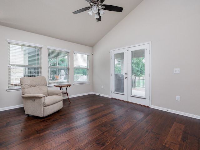 unfurnished room with high vaulted ceiling, ceiling fan, french doors, and dark hardwood / wood-style floors