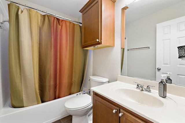 full bathroom with toilet, shower / tub combo, and vanity