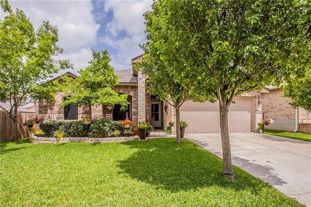 obstructed view of property with a front yard and a garage