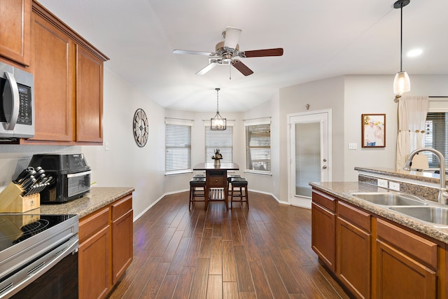 kitchen featuring sink, stainless steel appliances, pendant lighting, and dark wood-type flooring