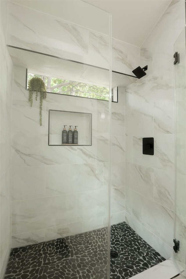 bathroom featuring a shower with shower door