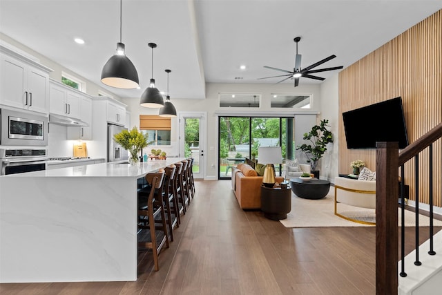 kitchen with a large island, appliances with stainless steel finishes, ceiling fan, white cabinetry, and decorative light fixtures