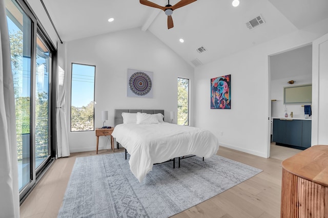 bedroom featuring access to outside, ceiling fan, light hardwood / wood-style flooring, high vaulted ceiling, and beam ceiling