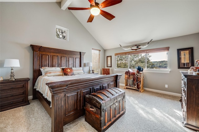 carpeted bedroom with ceiling fan, beam ceiling, and high vaulted ceiling