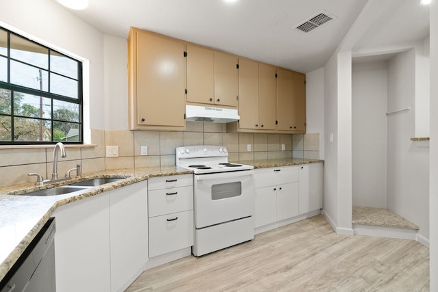 kitchen with sink, dishwasher, light hardwood / wood-style floors, white range with electric stovetop, and backsplash