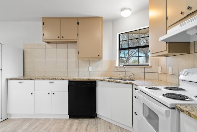 kitchen with electric stove, dishwasher, decorative backsplash, and sink