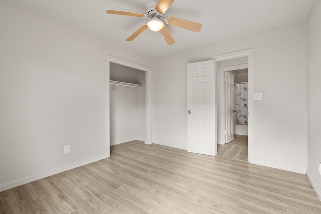 unfurnished bedroom featuring a closet, ceiling fan, and light hardwood / wood-style flooring