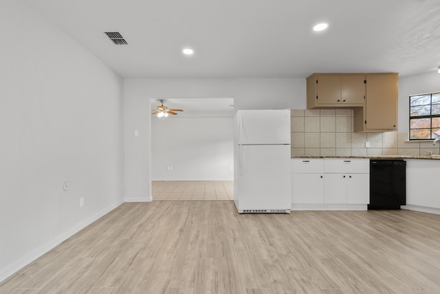 kitchen with dishwasher, white fridge, light hardwood / wood-style floors, tasteful backsplash, and ceiling fan