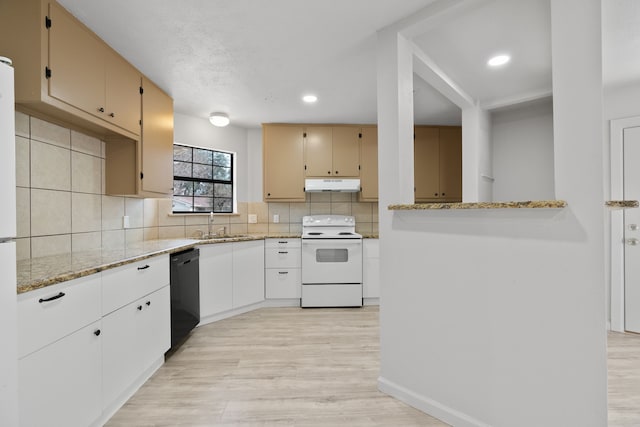 kitchen with electric stove, kitchen peninsula, light stone countertops, black dishwasher, and tasteful backsplash