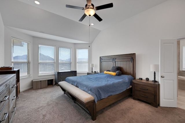 317 Barley Fork Ln, Hutto, TX 78634 - bedroom featuring ceiling fan, light colored carpet, recessed lighting, baseboards, and vaulted ceiling