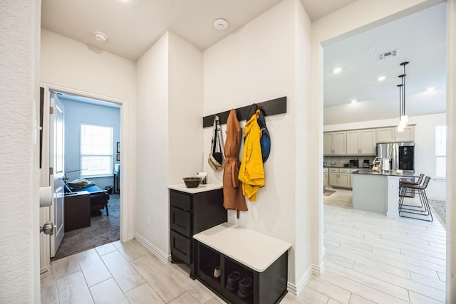317 Barley Fork Ln, Hutto, TX 78634 - mudroom featuring a sink, light wood-style floors, and visible vents