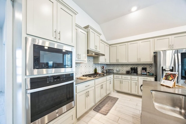 kitchen featuring tasteful backsplash, vaulted ceiling, appliances with stainless steel finishes, and sink