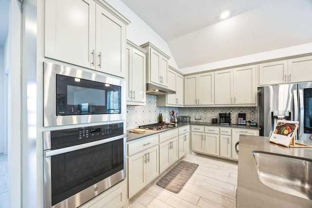 317 Barley Fork Ln, Hutto, TX 78634 - kitchen with under cabinet range hood, dark countertops, tasteful backsplash, lofted ceiling, and stainless steel appliances