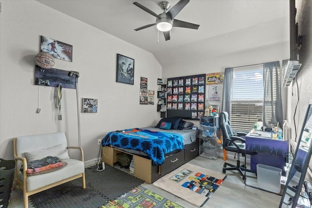 bedroom with ceiling fan, light hardwood / wood-style flooring, and vaulted ceiling