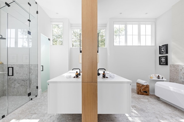 bathroom with sink and separate shower and tub