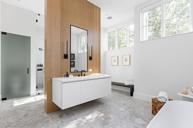 bathroom with separate shower and tub and vanity