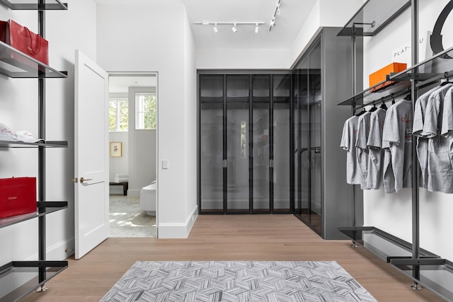 mudroom with rail lighting and light hardwood / wood-style floors