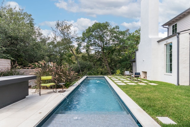 view of pool with a patio area and a lawn