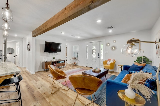 407 S Pine St, Georgetown, TX 78626 - living area featuring light wood-style flooring, baseboards, recessed lighting, and beamed ceiling