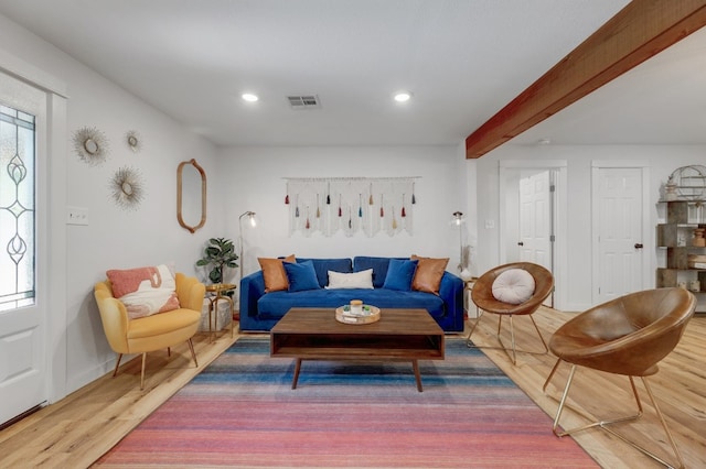 407 S Pine St, Georgetown, TX 78626 - living area featuring wood finished floors, recessed lighting, baseboards, and beam ceiling
