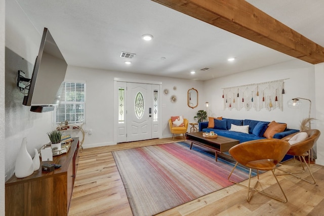 407 S Pine St, Georgetown, TX 78626 - living room featuring light wood-type flooring, recessed lighting, and baseboards