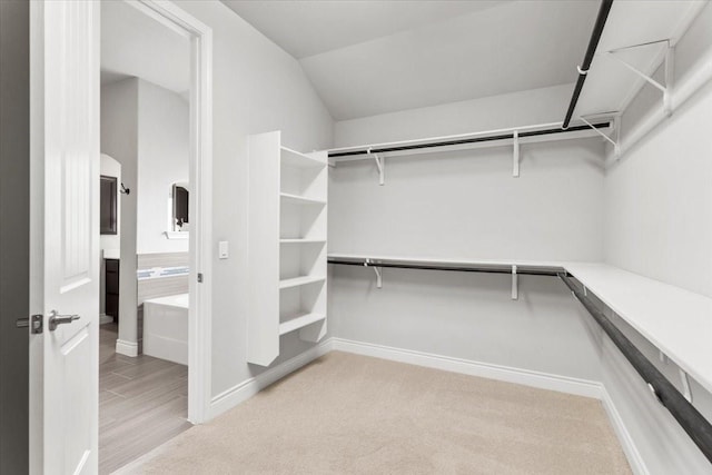 spacious closet featuring light carpet