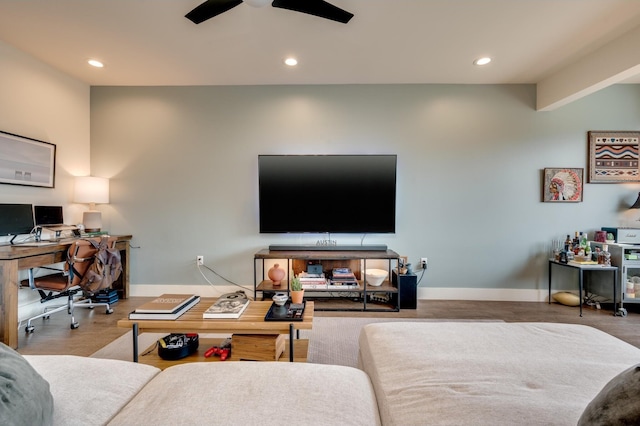 living room with ceiling fan and wood-type flooring