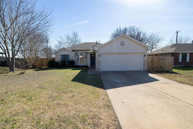 single story home featuring a garage and a front yard