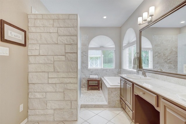 bathroom featuring vanity, tile patterned flooring, and independent shower and bath