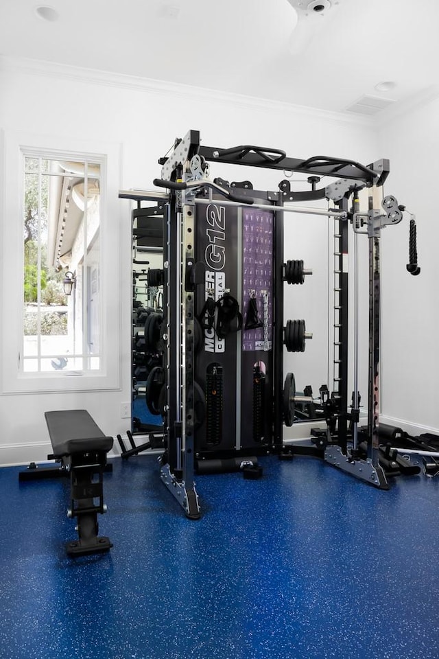 gym with ornamental molding