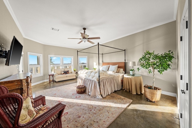 bedroom with ornamental molding and ceiling fan