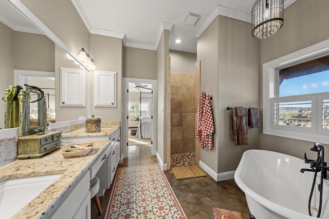 bathroom featuring crown molding, vanity, ceiling fan, concrete flooring, and separate shower and tub