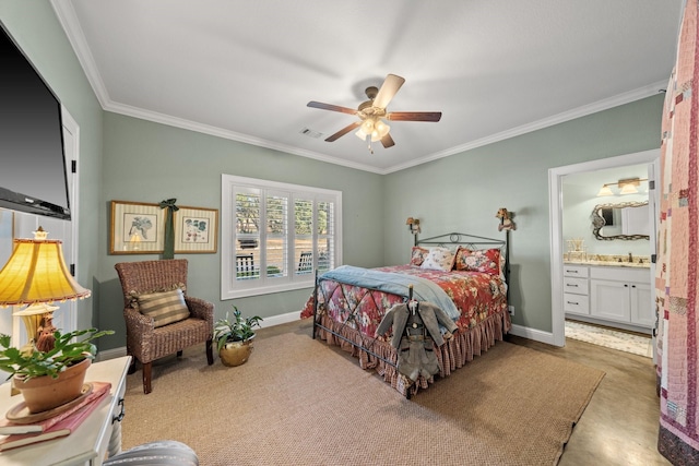 bedroom with connected bathroom, ceiling fan, and ornamental molding