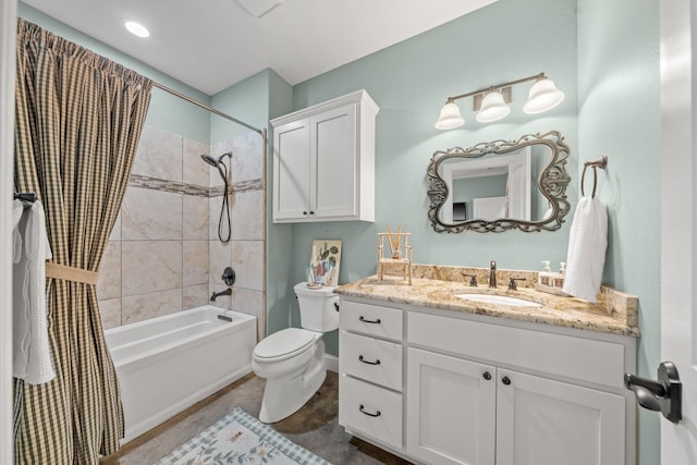 full bathroom featuring shower / bathtub combination with curtain, vanity, and toilet