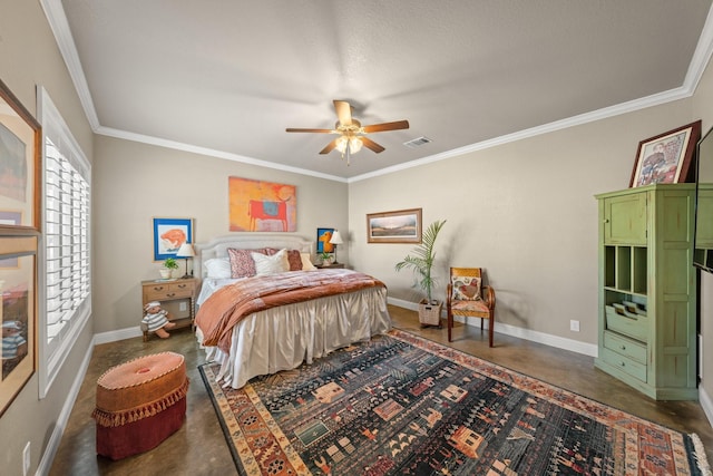 bedroom featuring ceiling fan and ornamental molding