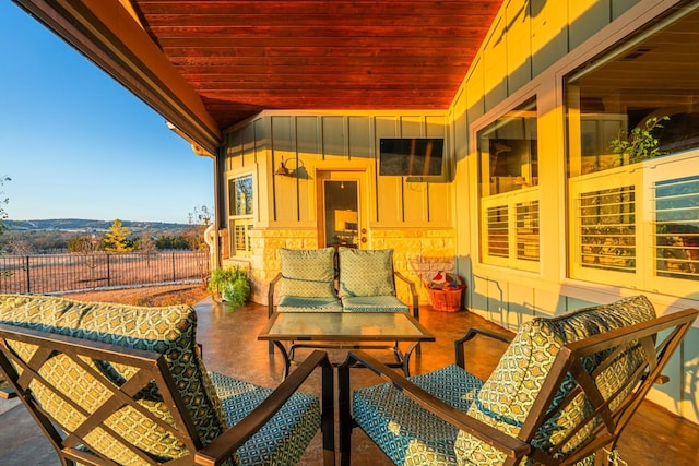 view of patio featuring a mountain view and outdoor lounge area