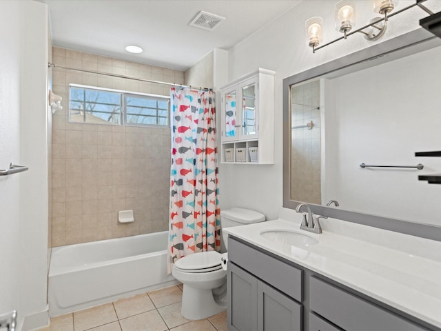 full bathroom with vanity, tile patterned flooring, toilet, and shower / tub combo with curtain