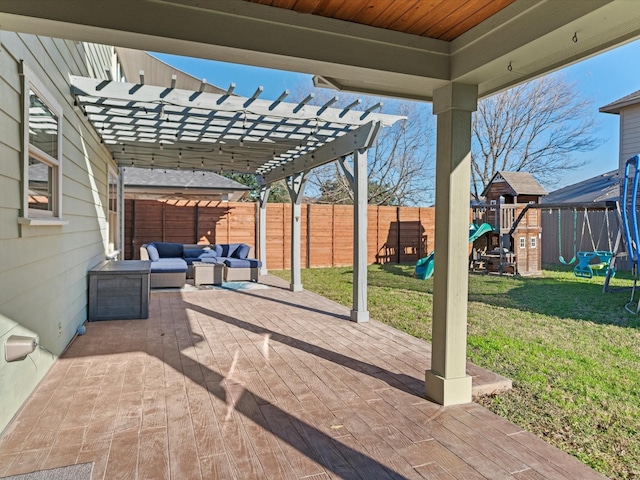 view of patio with a pergola, a playground, and outdoor lounge area