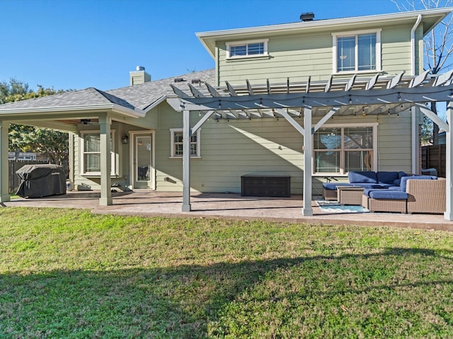 back of property with a lawn, a patio area, a pergola, and outdoor lounge area