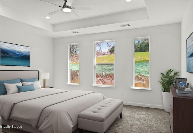 20714 Northland Dr, Lago Vista, TX 78645 - carpeted bedroom with a tray ceiling, multiple windows, recessed lighting, and ceiling fan