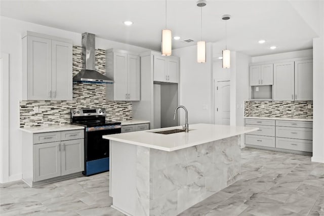 20714 Northland Dr, Lago Vista, TX 78645 - kitchen featuring stainless steel electric range oven, wall chimney exhaust hood, light marble finish floors, tasteful backsplash, and recessed lighting