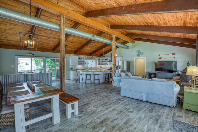 living room with wood ceiling, beamed ceiling, high vaulted ceiling, and wood-type flooring