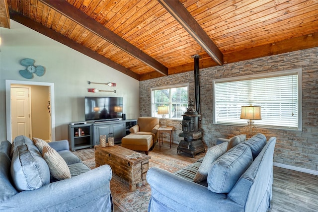 living room with light hardwood / wood-style floors, wooden ceiling, high vaulted ceiling, and beamed ceiling