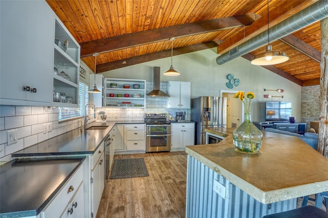 kitchen with white cabinets, stainless steel appliances, and pendant lighting