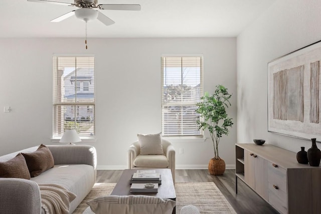 living room featuring ceiling fan and hardwood / wood-style flooring